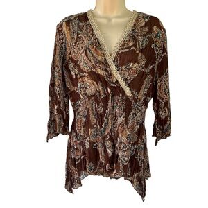 Cato Womens V Neckline Brown Paisley w/Gold Lace Trim Crease Taffeta Fabric Top